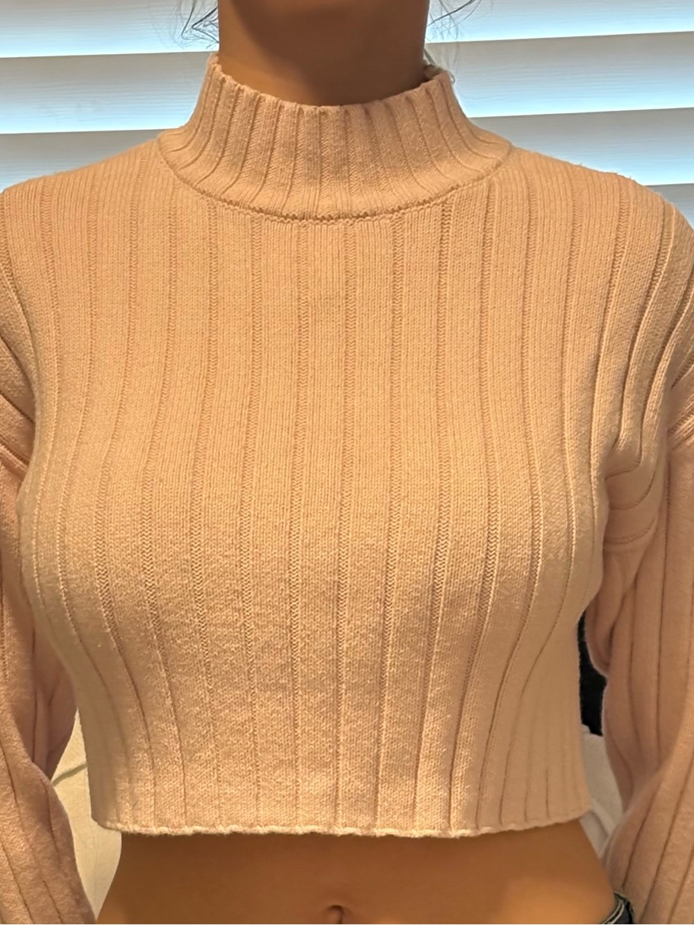 La Hearts Cropped Ribbed Mock Neck Sweater - Blush Pink